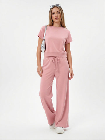 Pink Drawstring Waist Pants Set
