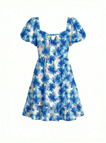 Floral Print Puff Sleeve Tiered Mini Dress