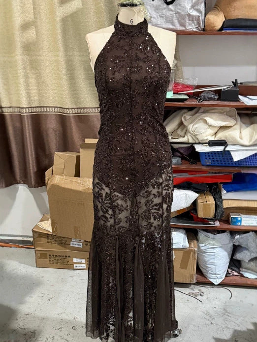 Sequined Halter Mermaid Evening Dress