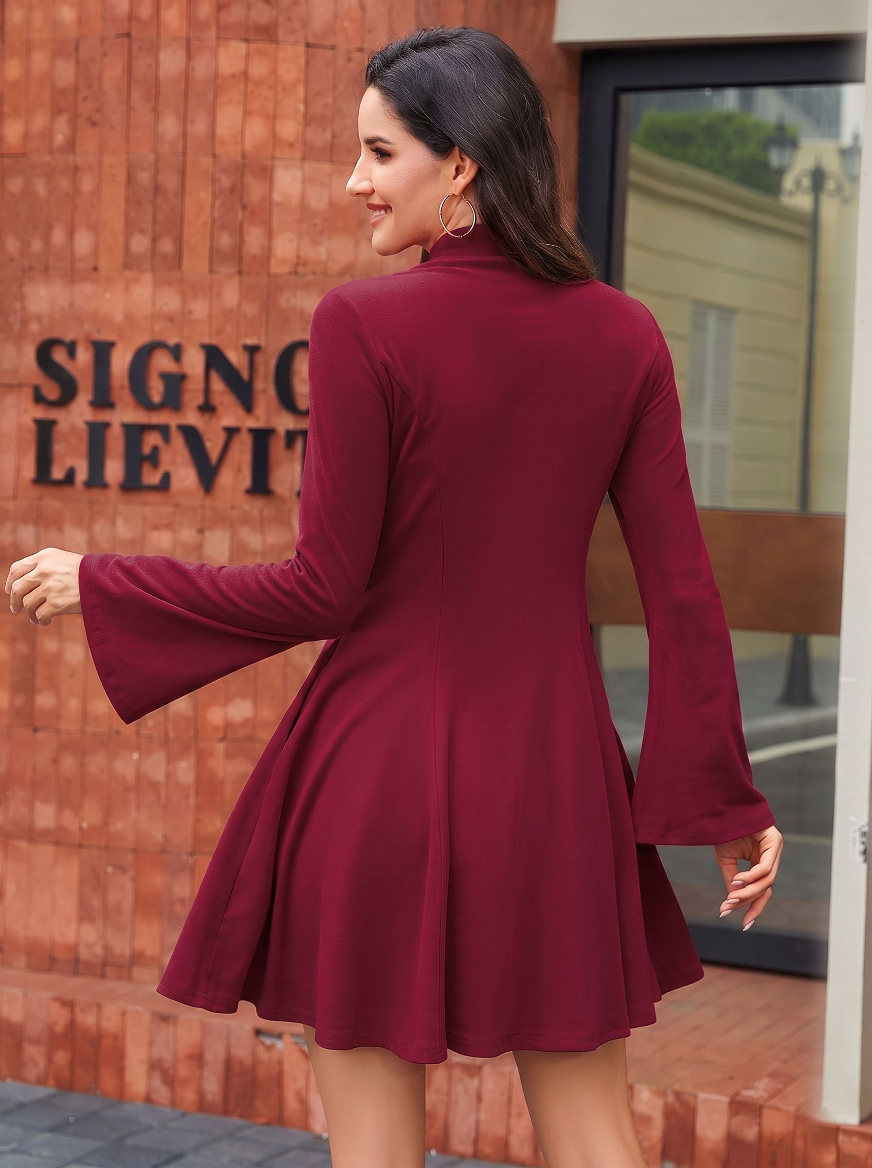 Mock Neck Flared Sleeve Dress