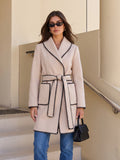 Contrast Trim Belted Wool Coat