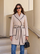 Contrast Trim Belted Wool Coat