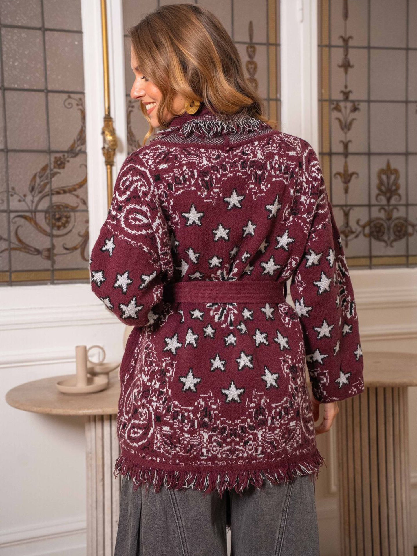 Cozy Star Print Fringe Cardigan