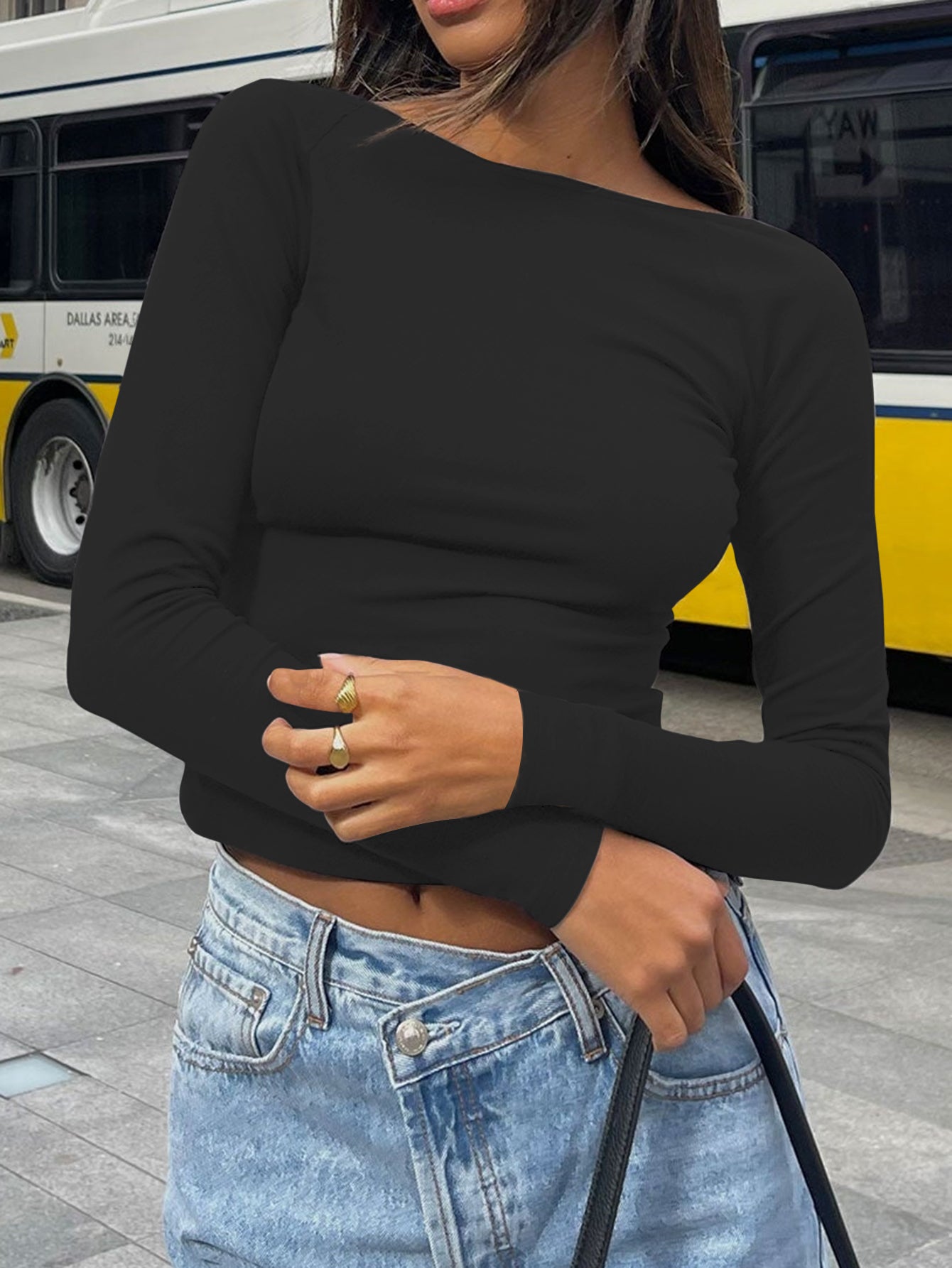 Boat Neck Long Sleeve Plain Fitted Daily T-Shirt -Brown