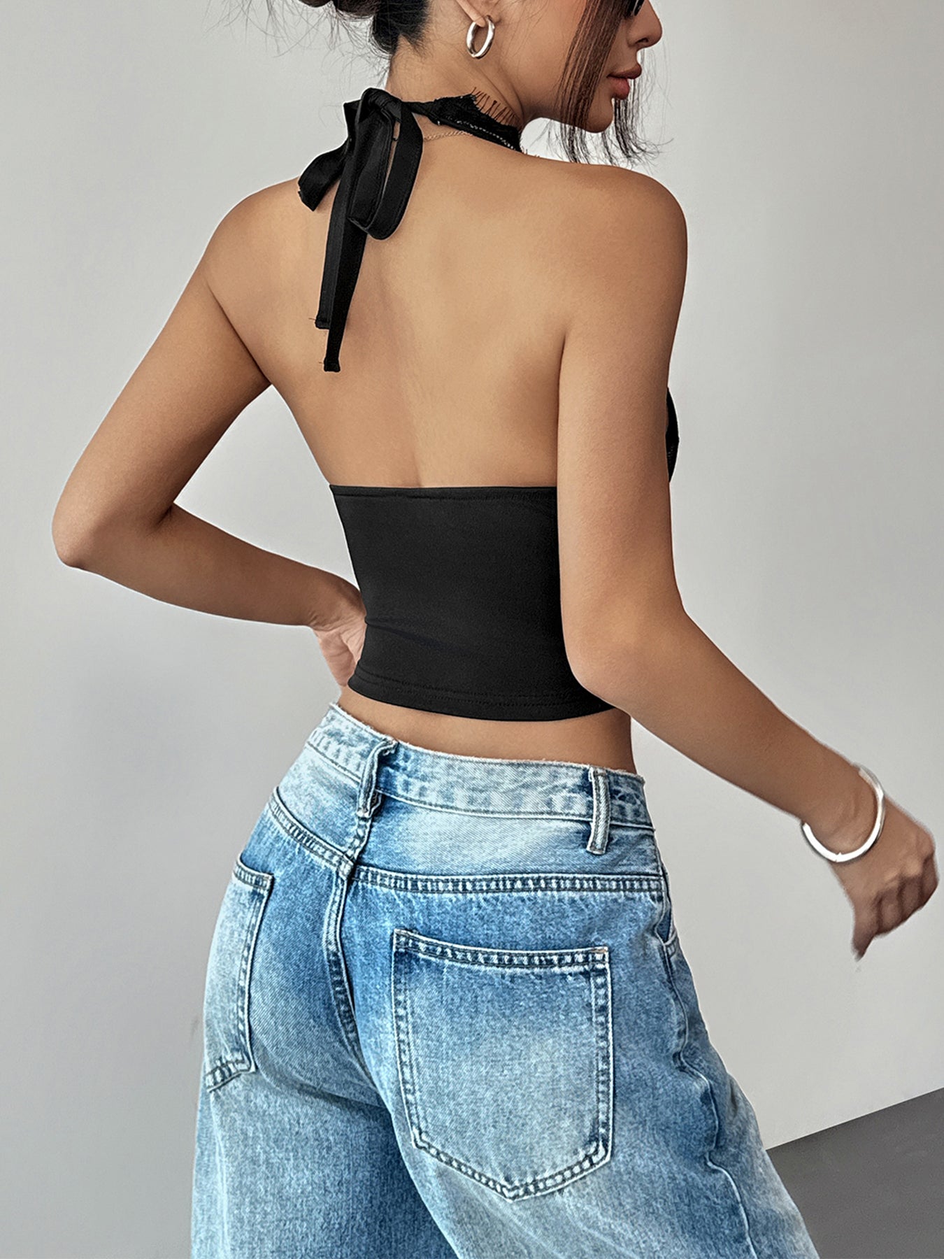 Lace Trim Halter Deep V Neck Sexy Camisole-Black