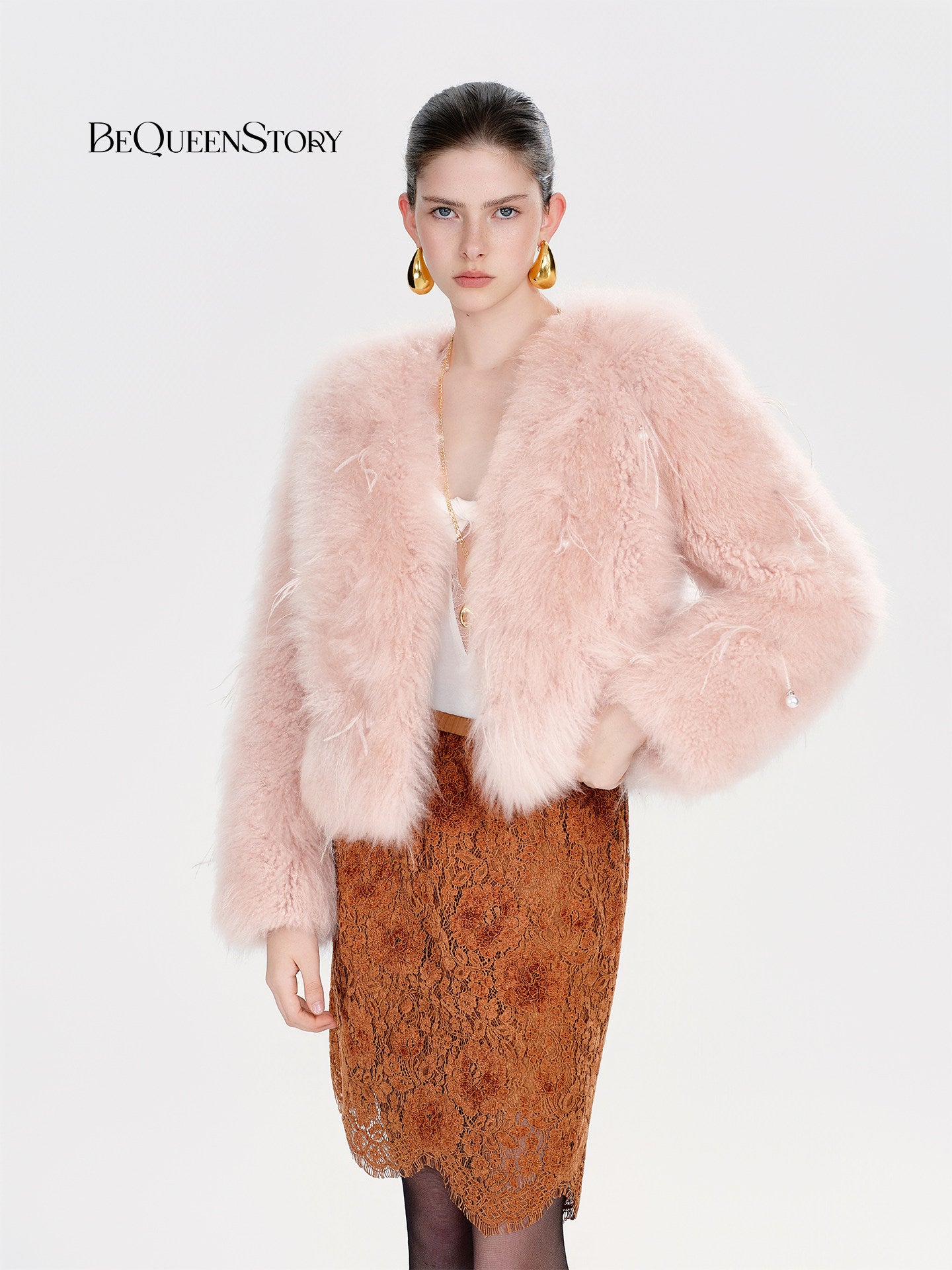 Plush Pink Feather Trim Fur Coat
