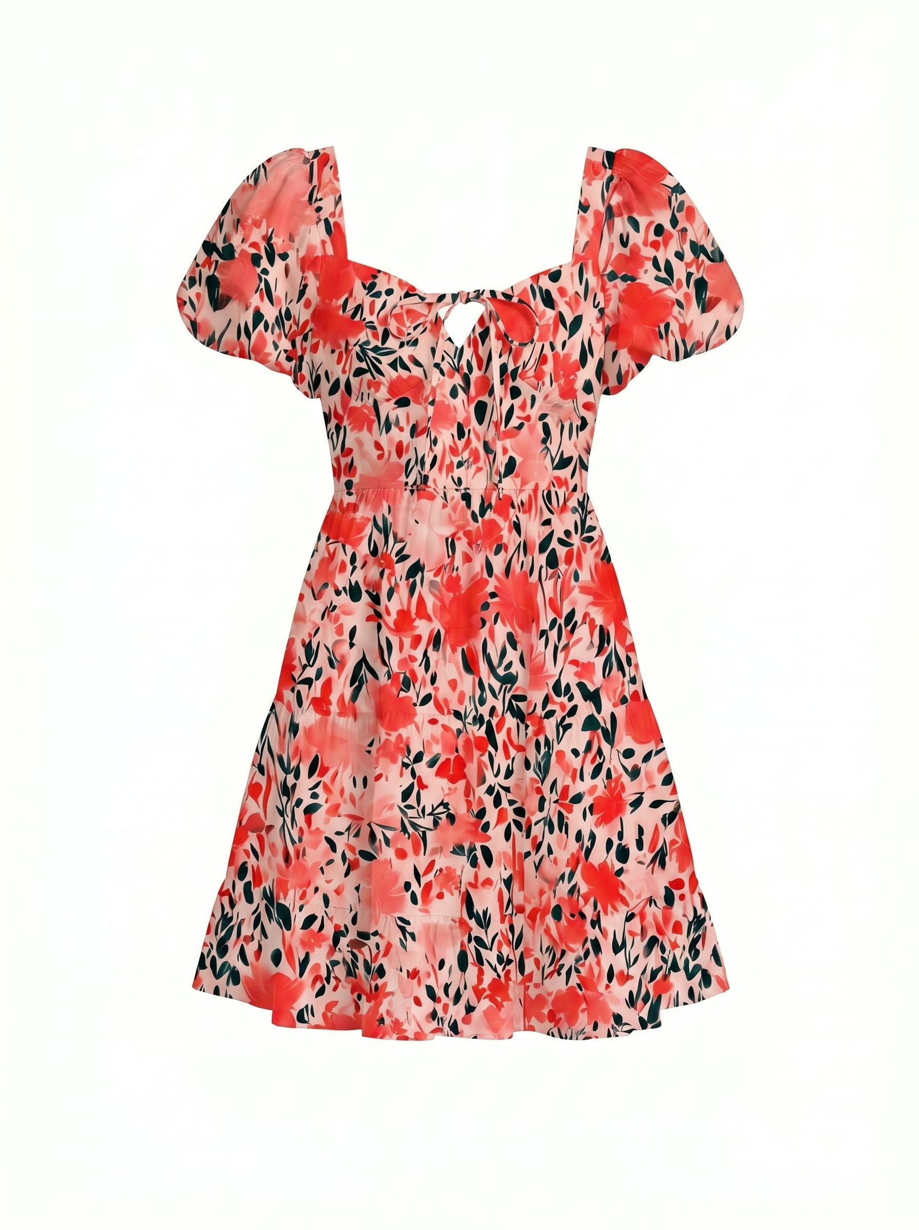Floral Print Puff Sleeve Tiered Mini Dress
