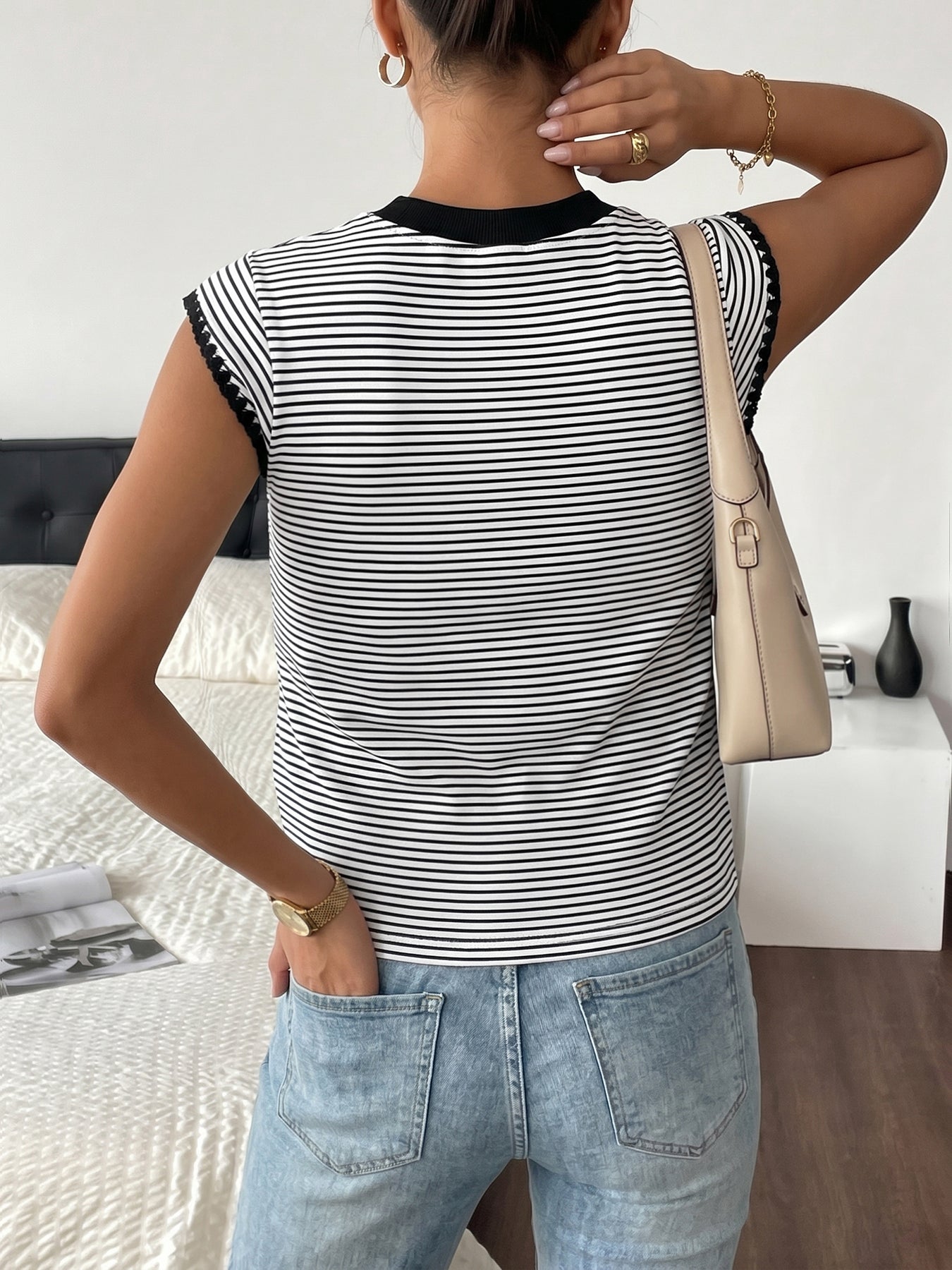 Lace Trim Striped Fitted T-Shirt