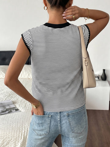Lace Trim Striped Fitted T-Shirt