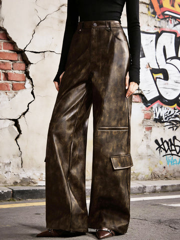 High Waisted Faux Leather Cargo Pants