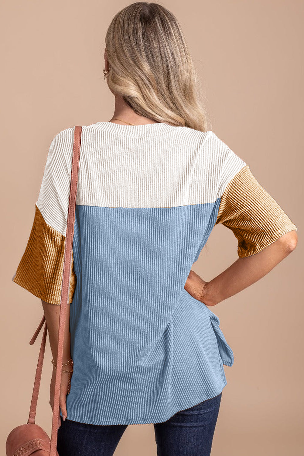 Colorblock Ribbed Knit Casual T-Shirt