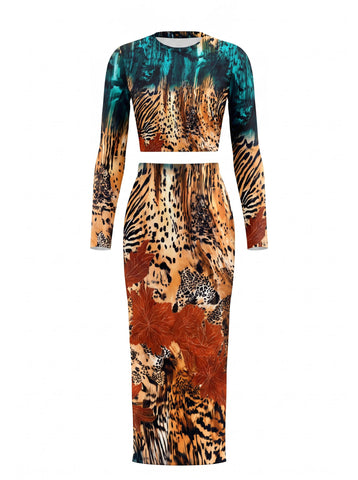 Mixed Leopard Print Maxi Skirt Set