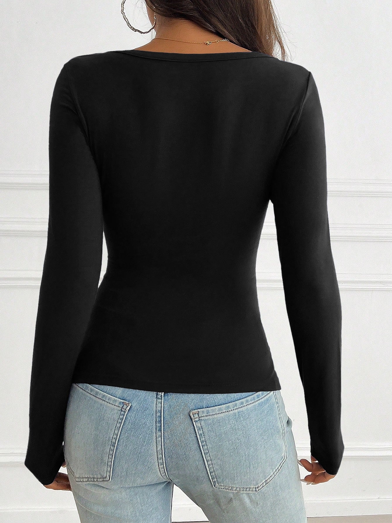 V Neck Long Sleeve Button-Front Casual T-Shirt