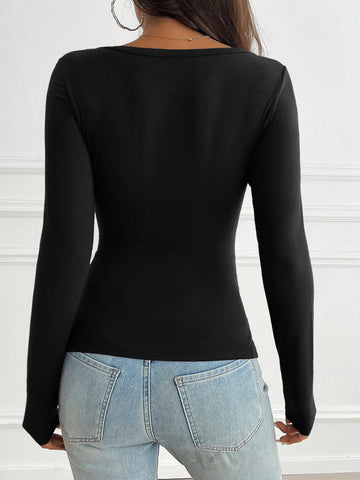 V Neck Long Sleeve Button-Front Casual T-Shirt