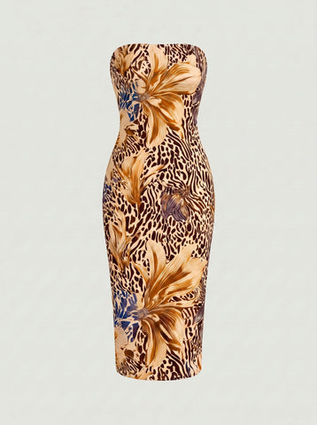 MAIA Floral Print Strapless Sheath Midi Dress