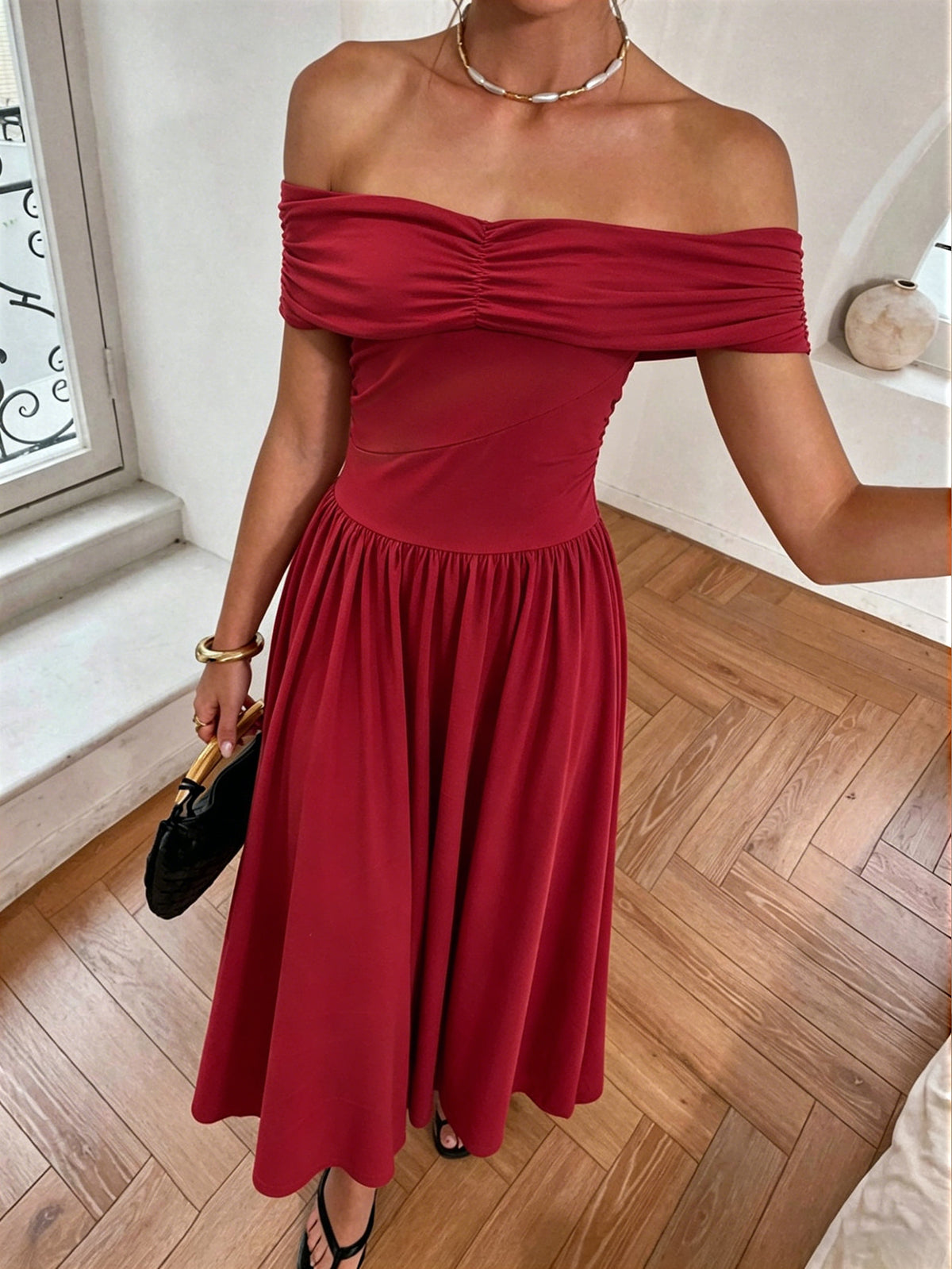 Elegant Off Shoulder Ruched Midi Dress