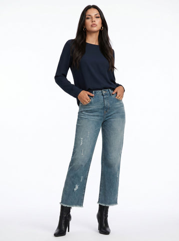 High Rise Distressed Straight Jeans
