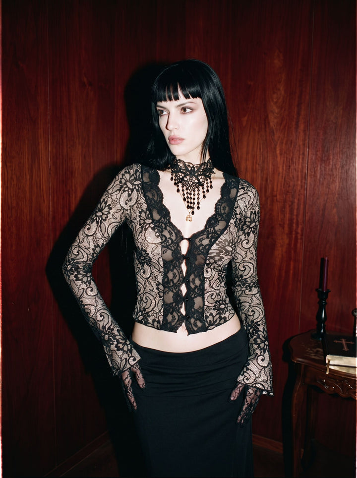 Sheer Floral Lace Long Sleeve Top