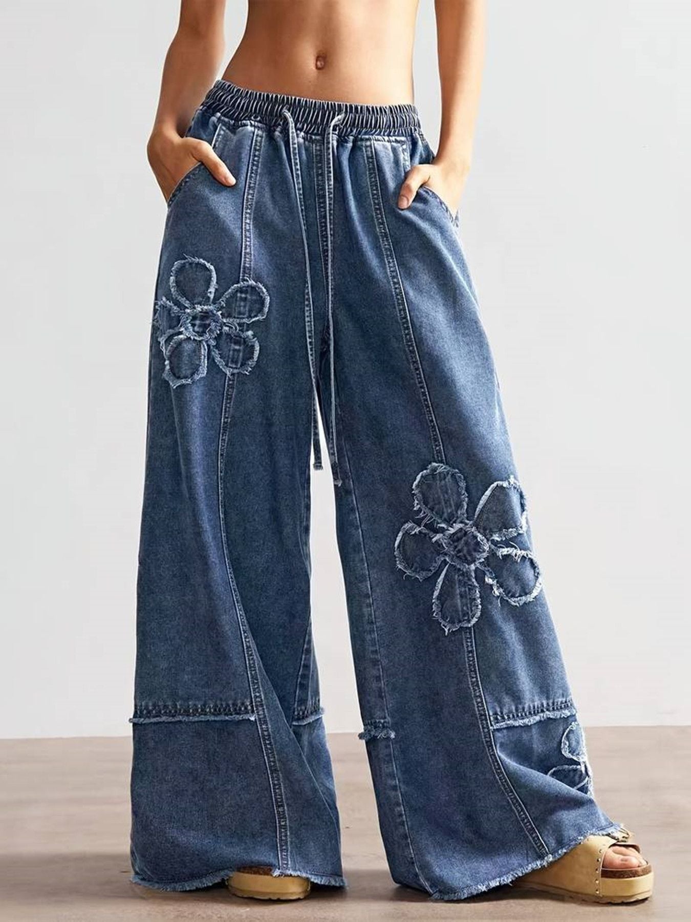 Floral Applique Drawstring Wide Leg Jeans