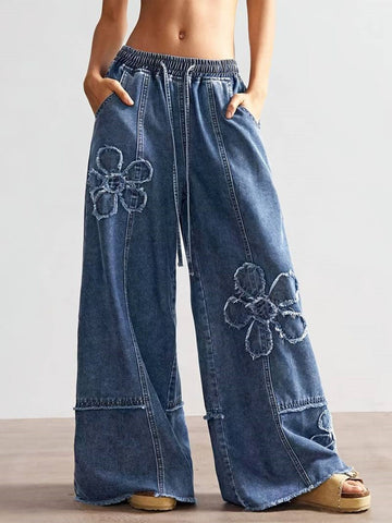 Floral Applique Drawstring Wide Leg Jeans