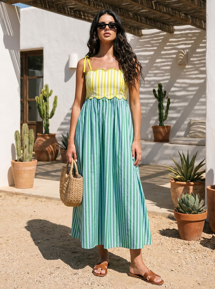 Scalloped Striped Cotton Maxi Dress