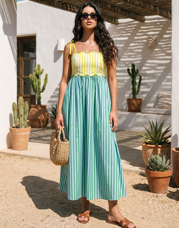 Scalloped Striped Cotton Maxi Dress