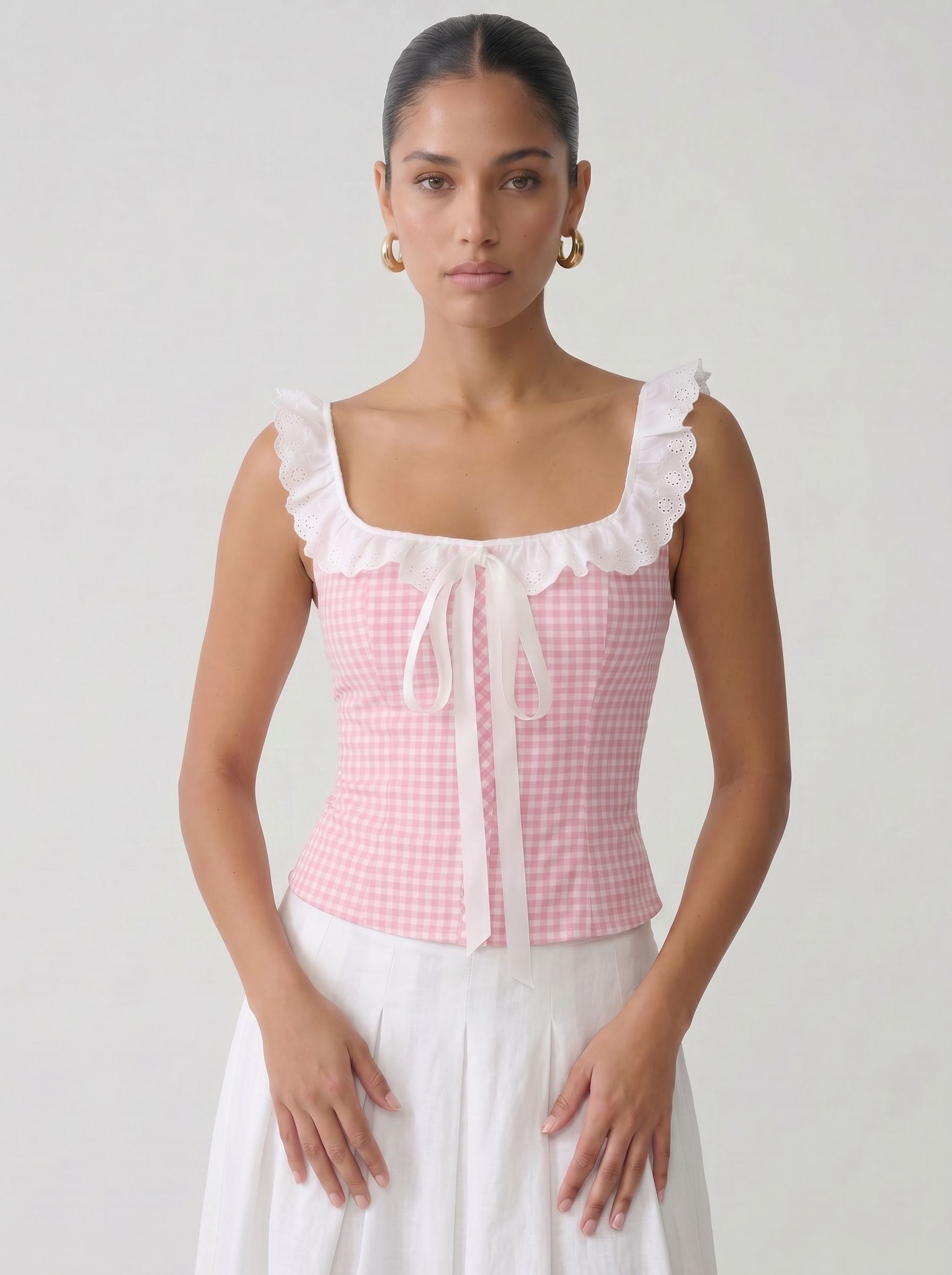 Gingham Eyelet Ruffle Trim Top