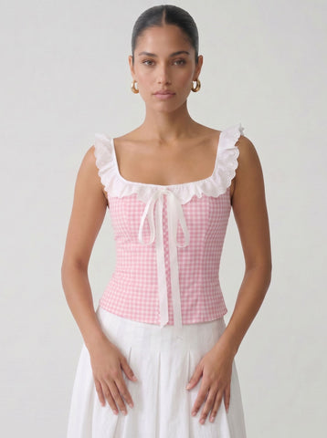 Gingham Eyelet Ruffle Trim Top