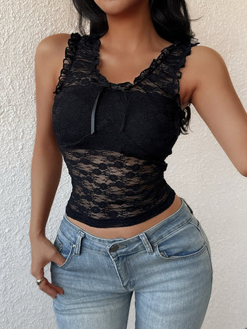 Ruffle Trim Tie Neck Lace Romantic Camisole