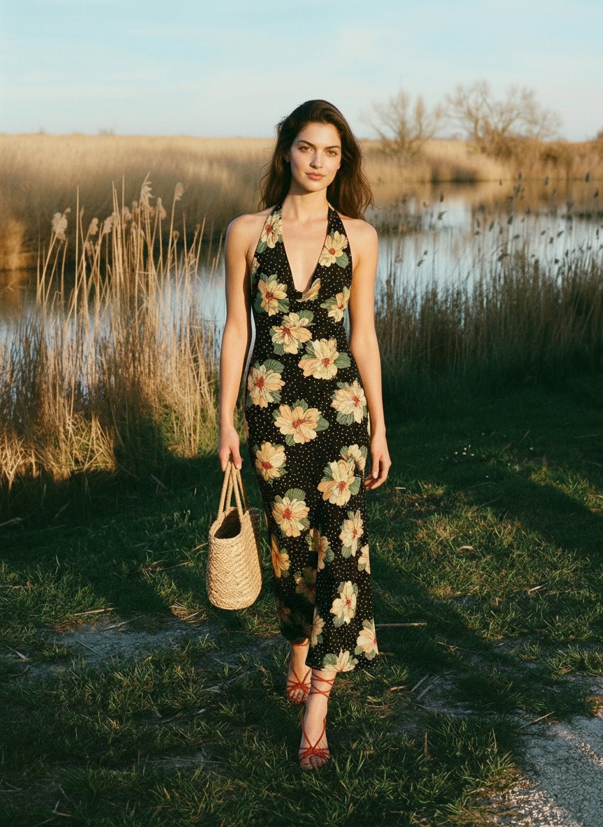 LILA Floral Print Cowl Neck Bodycon Midi Dress