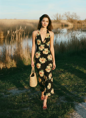 LILA Floral Print Cowl Neck Bodycon Midi Dress