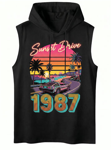 Retro Graphic Hooded Sleeveless Tank Top