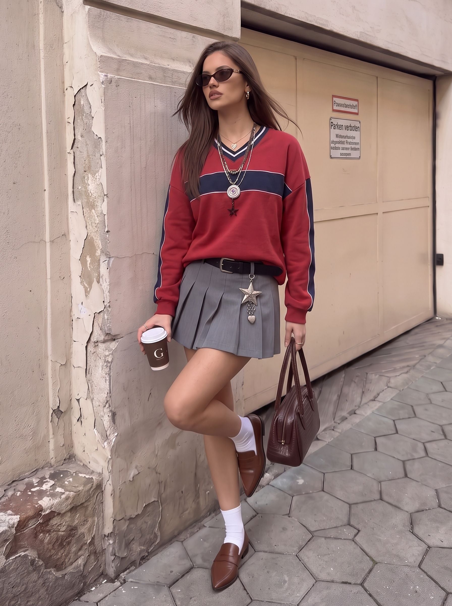 Oversized V Neck Varsity Knit Sweater