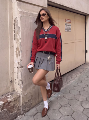 Oversized V Neck Varsity Knit Sweater
