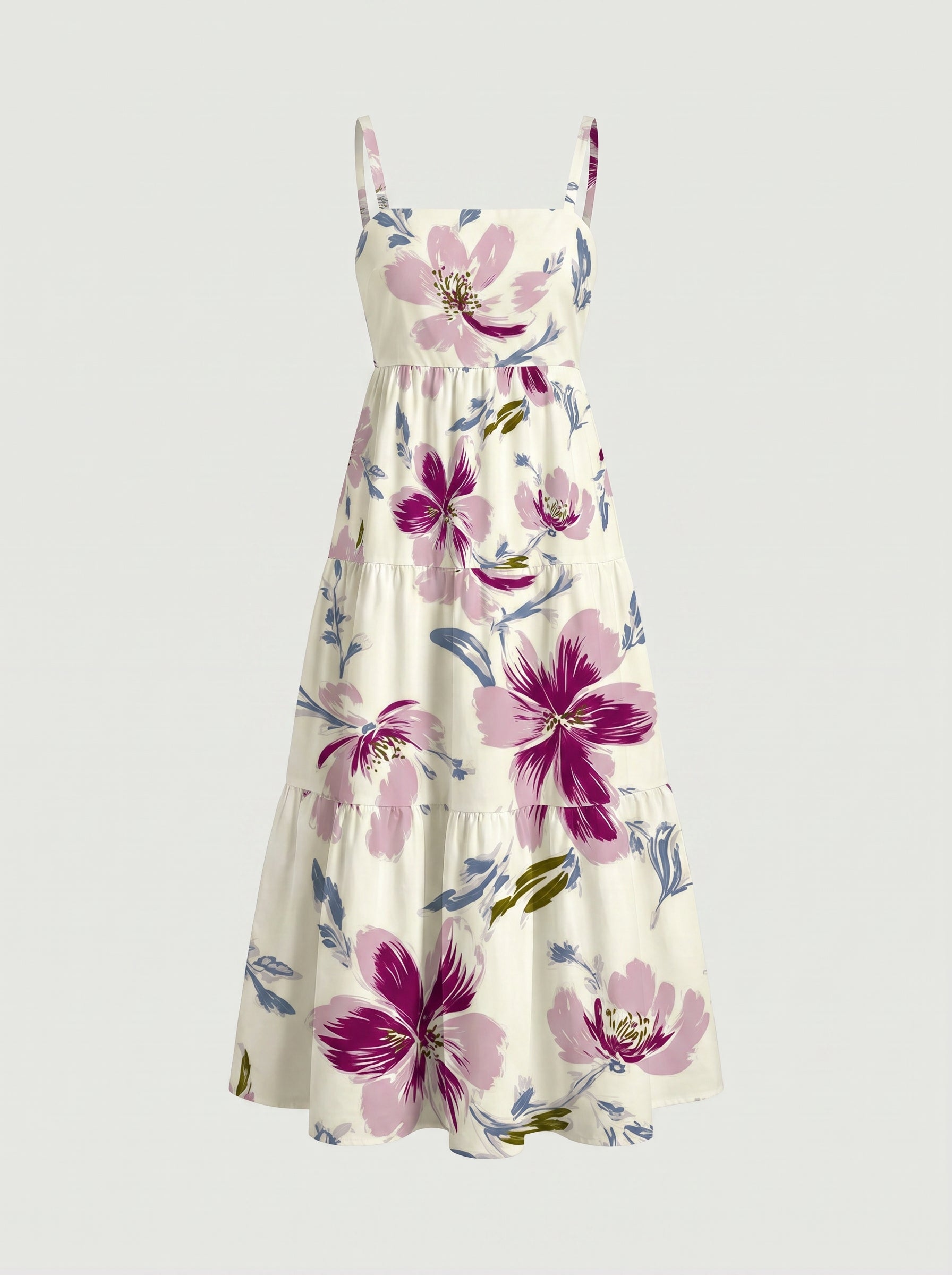 FLORA Floral Print Tiered Strap Midi Dress