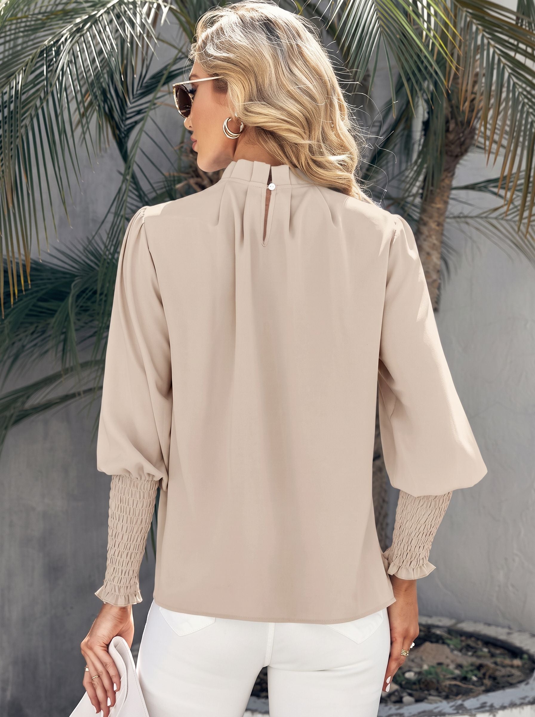 Elegant Pleated Smocked Cuff Blouse