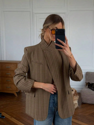 Plaid Stand Collar Blazer Jacket