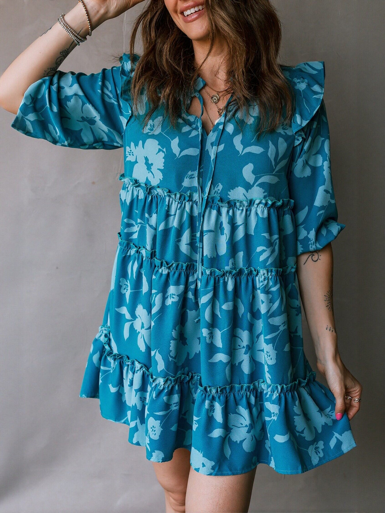 Floral Print Keyhole Neck Mini Dress