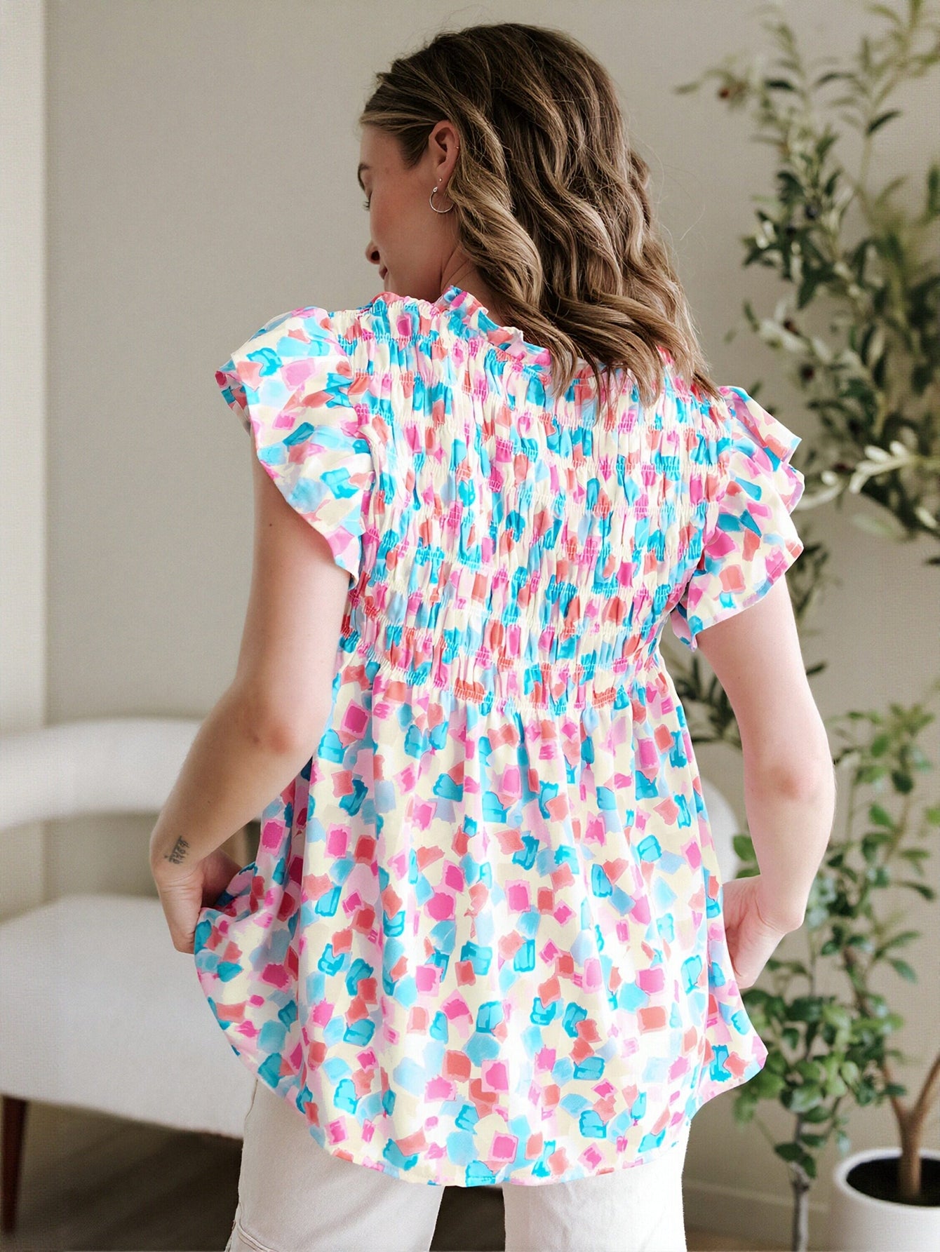 Smocked Bust Flutter Sleeve Blouse
