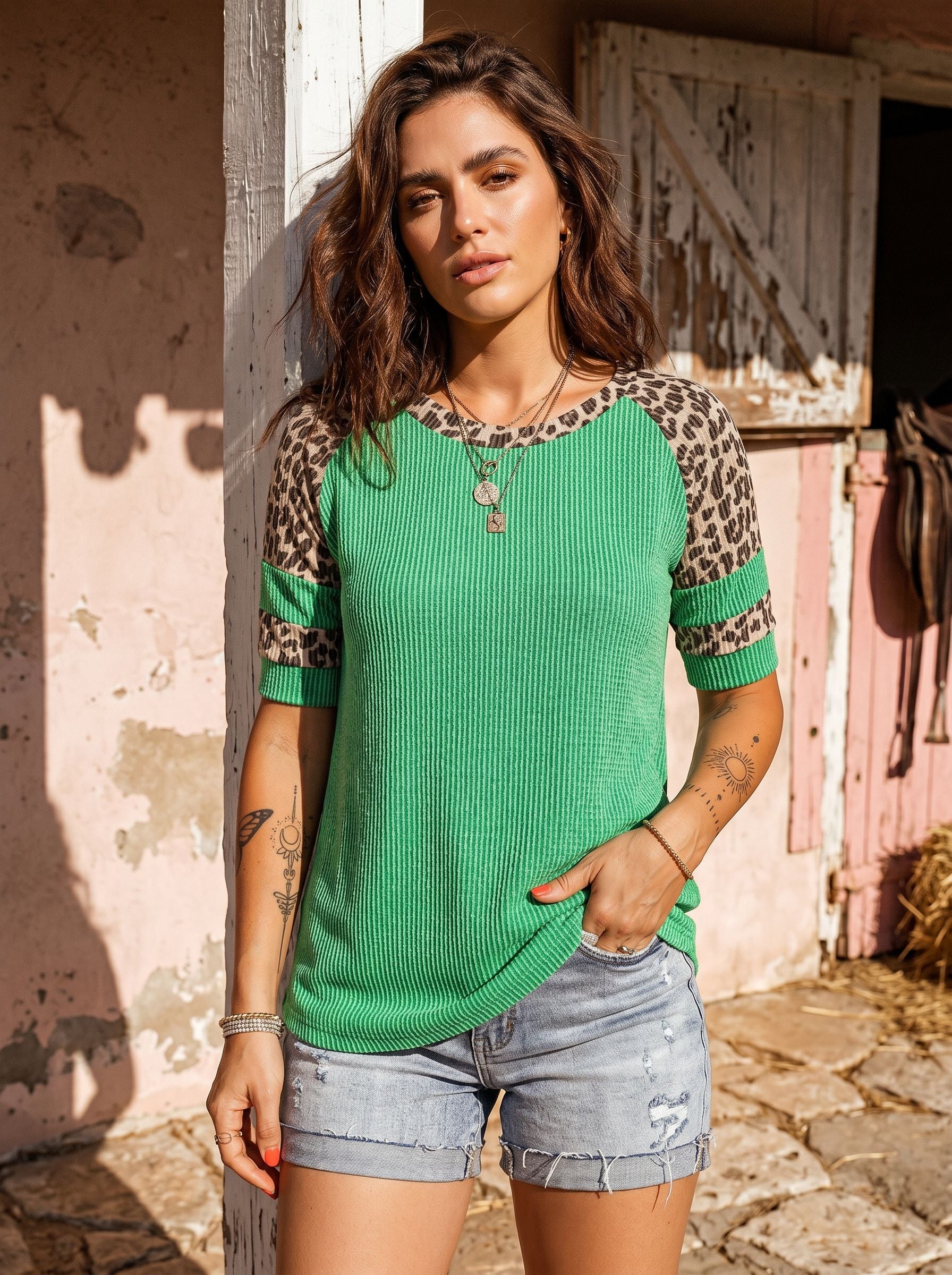 Ribbed Leopard Trim T-Shirt