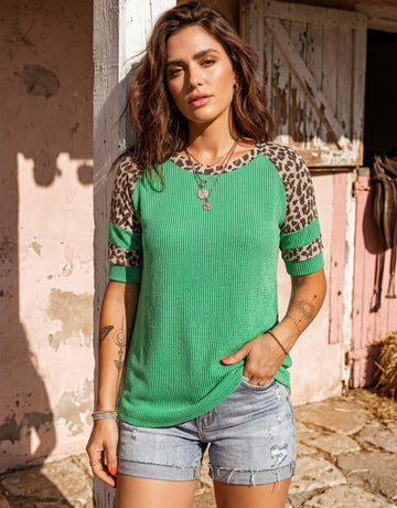 Ribbed Leopard Trim T-Shirt
