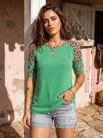 Ribbed Leopard Trim T-Shirt