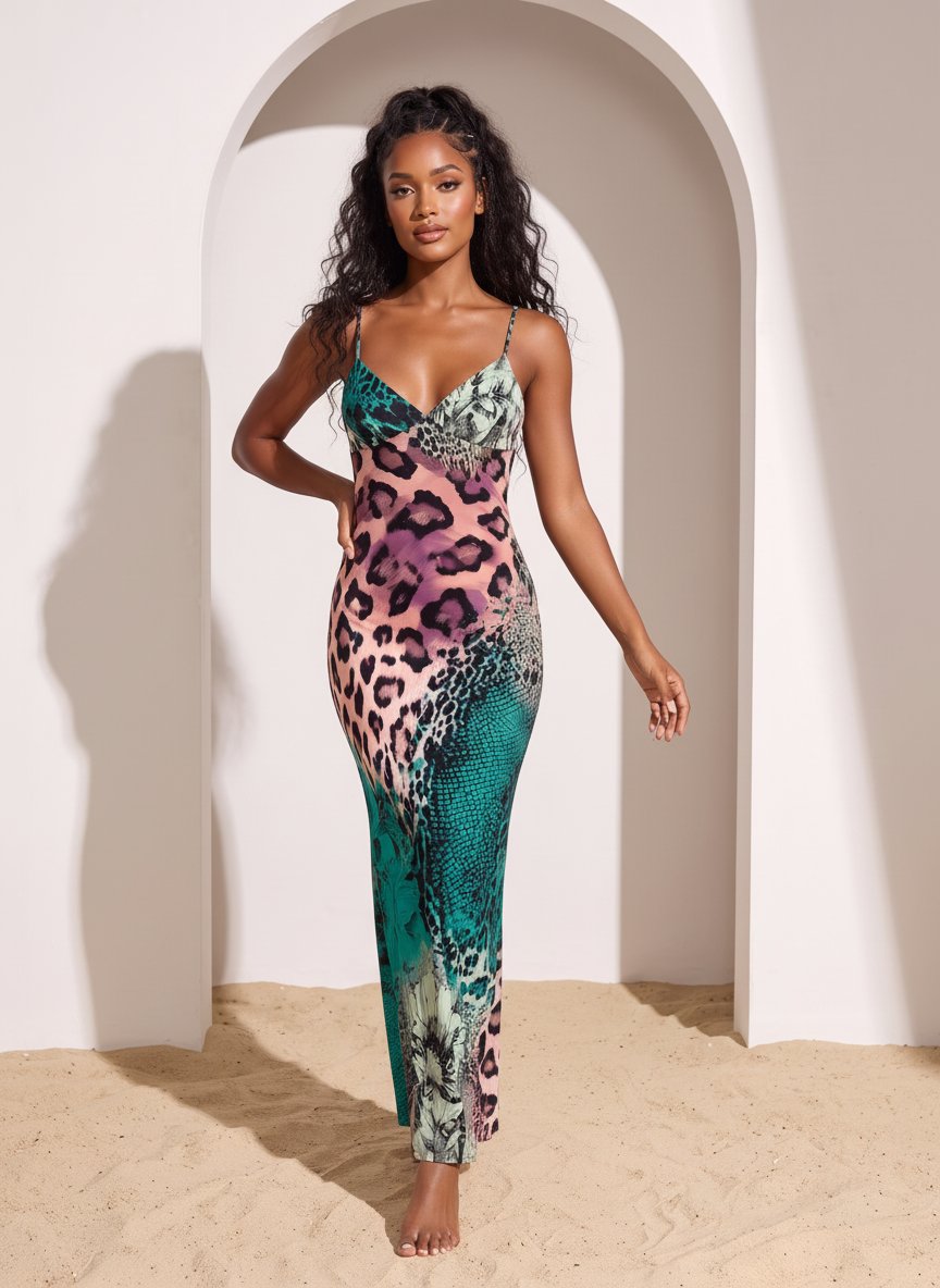 KIRA Leopard and Snakeskin Print Spaghetti Strap Bodycon Maxi Dress