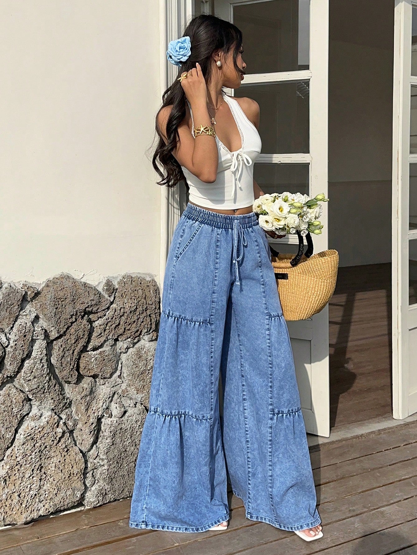 High Waisted Tiered Wide Leg Jeans