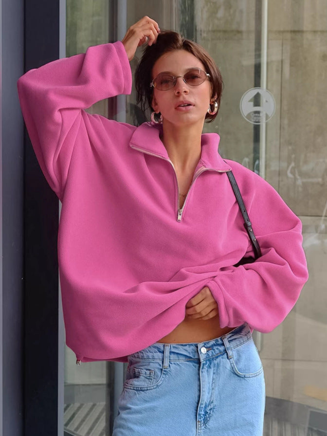 Oversized Pink Quarter Zip Fleece Sweatshirt