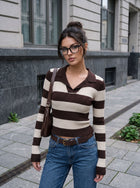 Striped Collared Ribbed Knit Sweater