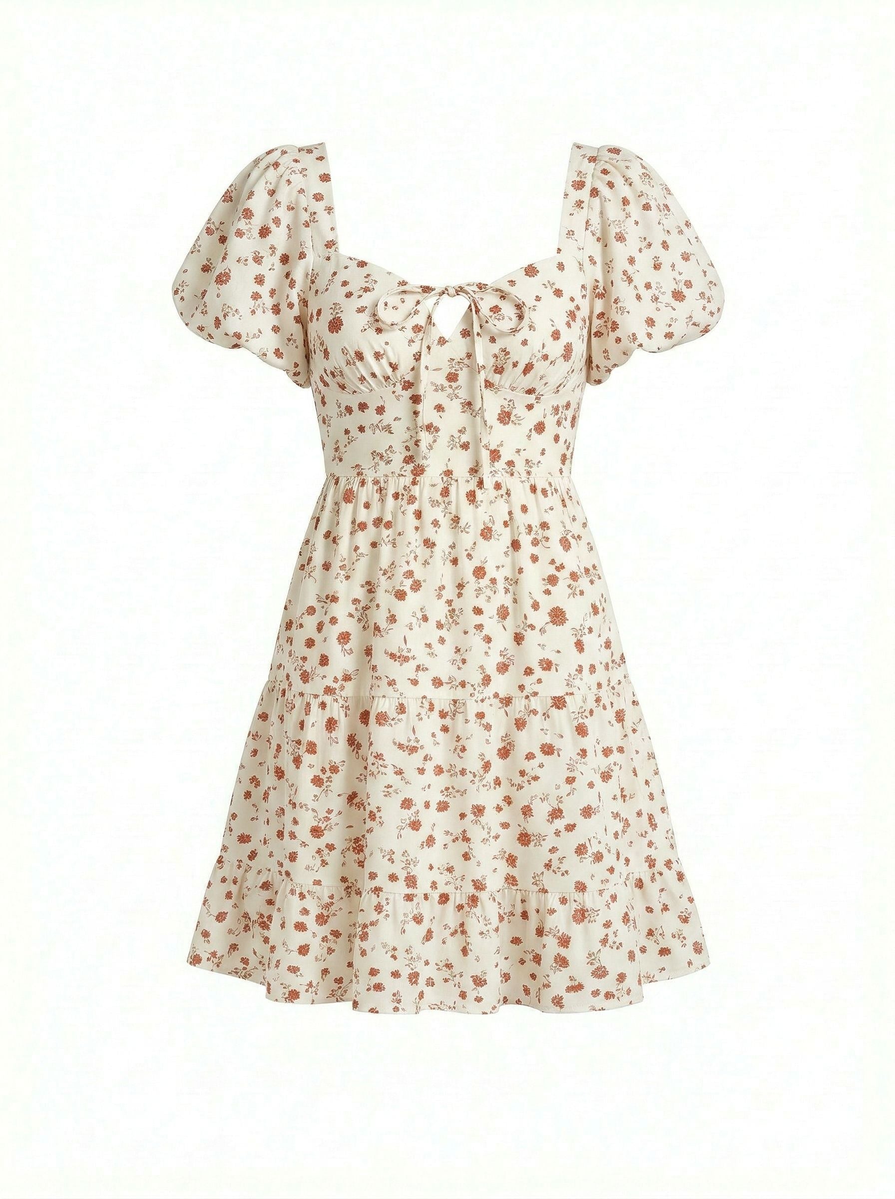 Floral Print Puff Sleeve Tiered Mini Dress