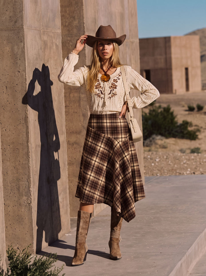 High Waisted Plaid Asymmetric Midi Skirt