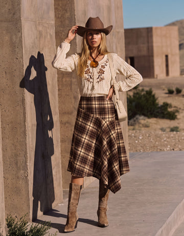High Waisted Plaid Asymmetric Midi Skirt
