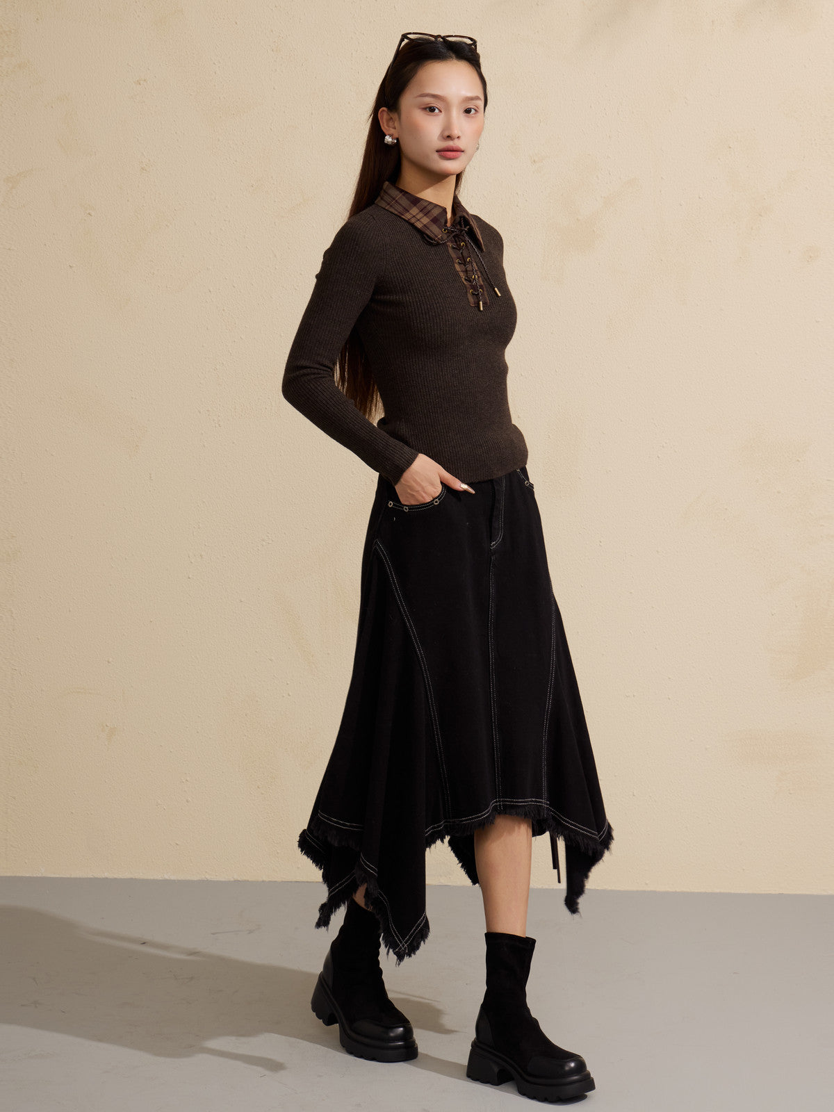 Distressed Asymmetric High Waist Denim Skirt